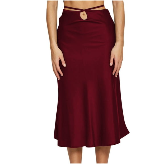 BLVB Women's Satin Skirt High Waist Solid Color Lace Up Elegant Summer Skirts Casual Fishtail Work Party Flowy Midi Skirt