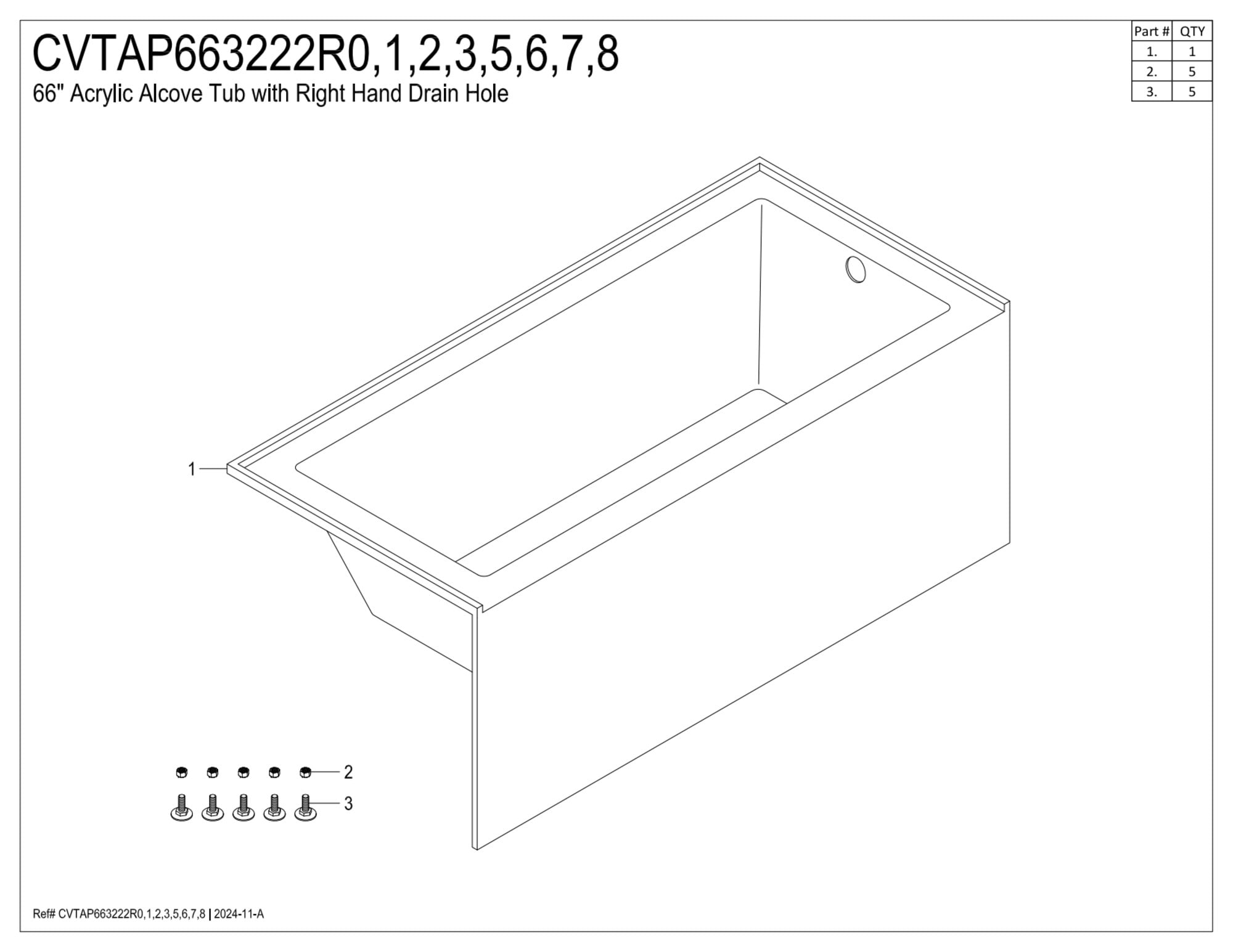 Aqua Eden CVTAP663222R5 66" Acrylic Rectangular 3-Wall Alcove Tub, Right Hand Drain, Glossy White/Oil Rubbed Bronze