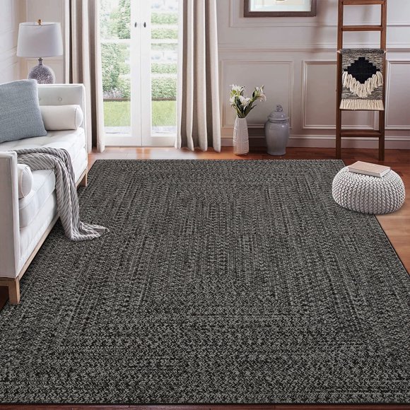 Garvee Tapis de Grande Surface 9'x12 Pieds à Motif Tressé, Tapis d'Intérieur Lavable à la Machine Antidérapant à Poil Ras Style Ferme Uni pour Chambre, Salon, Salle à Manger, Bureau, Gris Brun