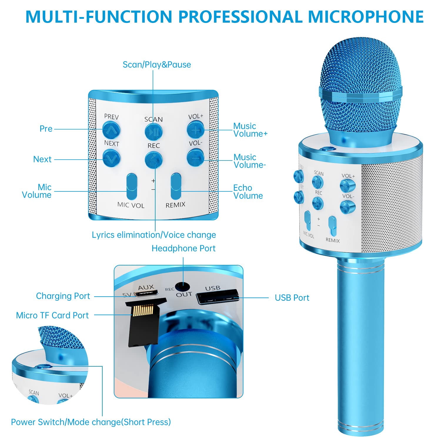 DAKIMOE Wireless Bluetooth Karaoke Microphone, Portable Handheld Singing Microphone for Kids Adults with Stereo Speaker and Voice Changer for All Smartphones, Gifts for Girls Kids Adults, Blue