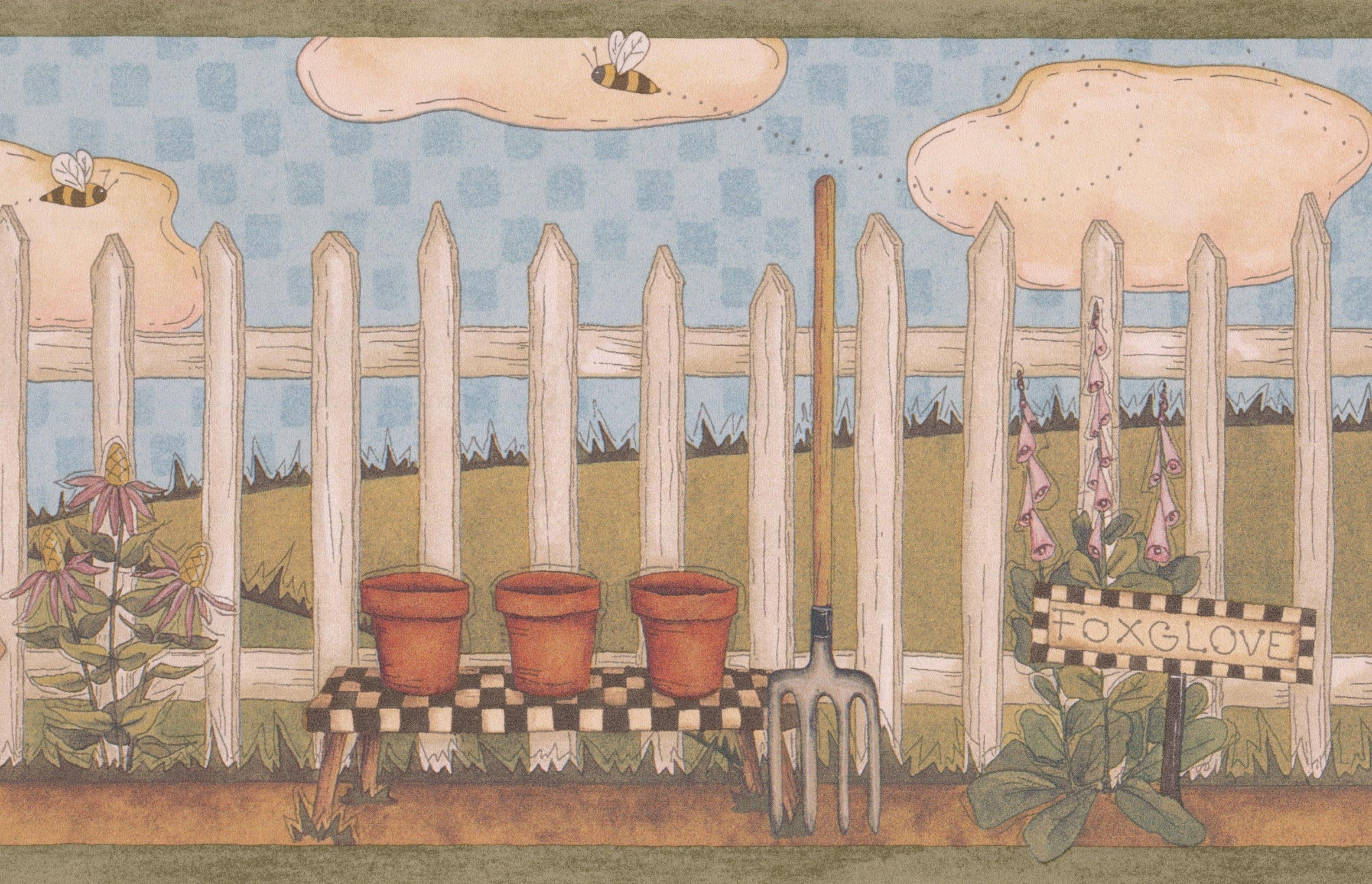 White Picket Fence Field Plants Bees Wallpaper Border For Kids Retro Qty