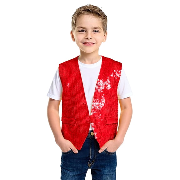 Kids Sequin Vest Sleeveless Button Front Top Shiny Party Outfit for Boys Girls 1-12 Years