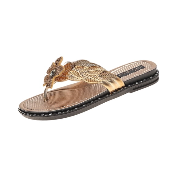 CIENVNSTG Sparkly Flower Flat Thong Flip Flops for Women Open Toe Low Heel Slip on Sandals for Summer Beach Travel Outdoor Wear Gold 41