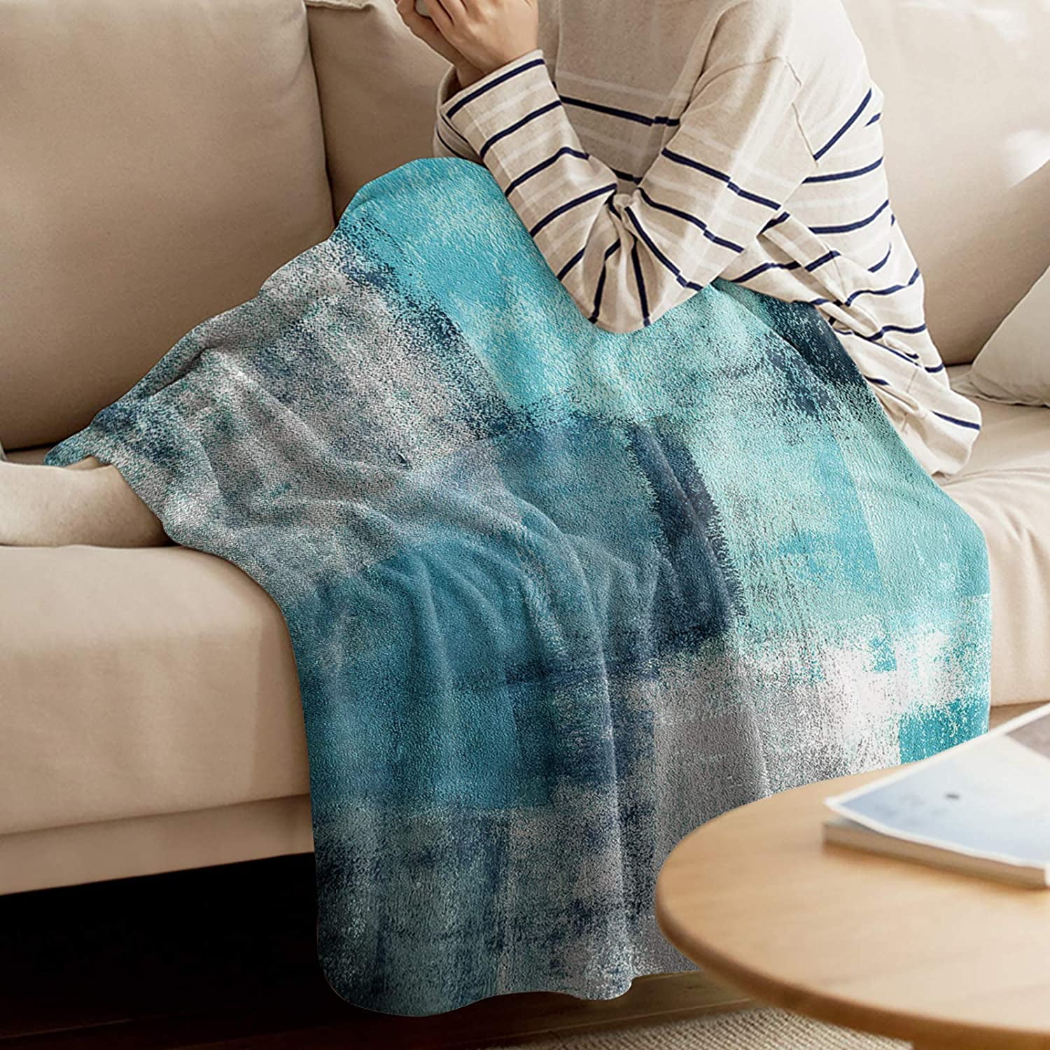 Turquoise Blanket Gray Aqua Abstract Paint Art Graffiti Lattice Super Soft Breathable Flannel Throw Blankets Cyan Teal Warm Cozy Decorative for Sofa Chair Bedroom All Seasons Use 60x80 inch