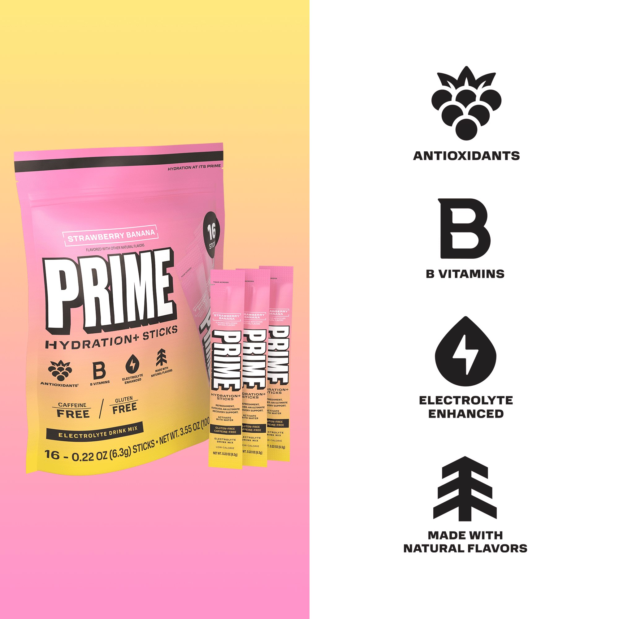 PRIME Hydration+ Strawberry Banana Electrolyte Powder Sticks, Sugar Free, 16 Count