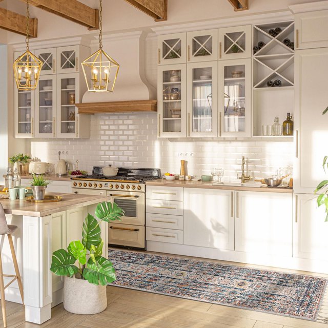 ECARPET Bolivia Yalameh Collection traditional vintage style area rug with multicolor intricate patterns placed in a modern white kitchen.