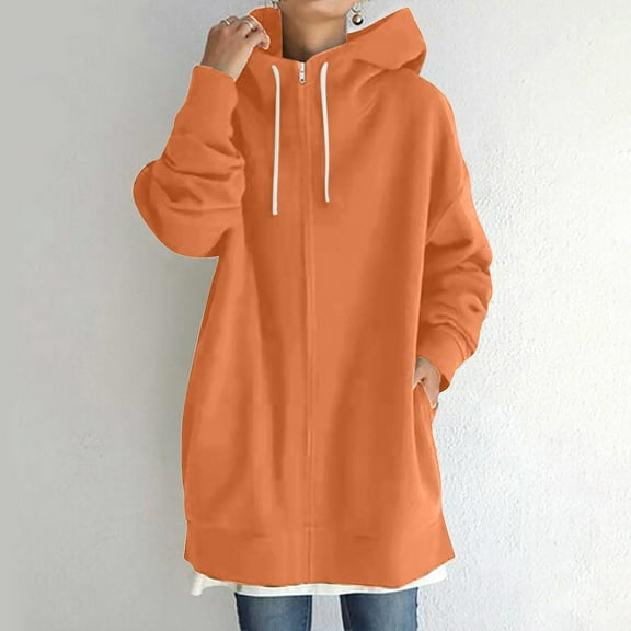OKSALE Solid Color Long Hoodies for Women Trendy Full Zip Sweatshirts with Pockets Drop Shoulder Sweatshirt Loose Long Sleeve Hoodie Casual Warm Winter 2025 Tops