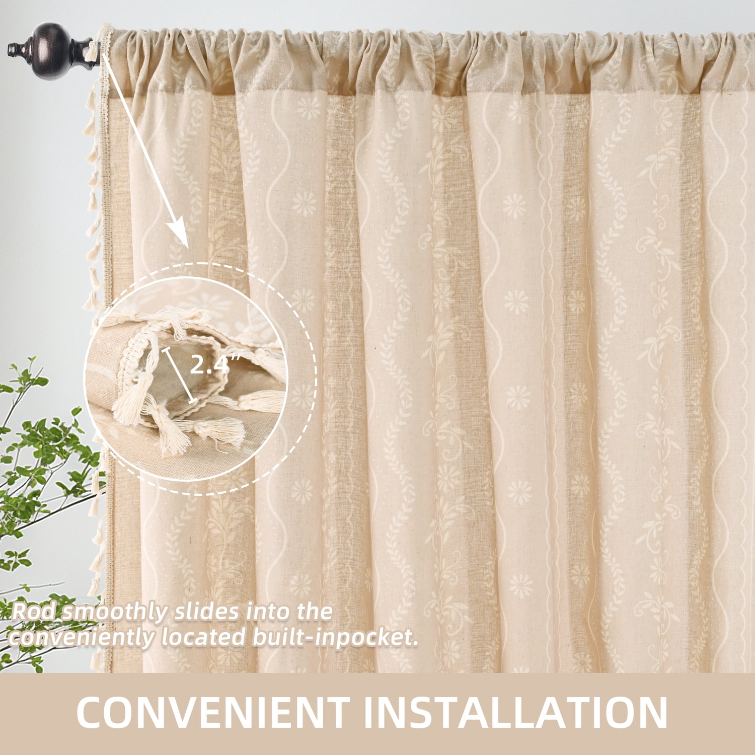Invoibler Boho Farmhouse Beige Filtering Window Curtains, Linen Blend Drapes with Tassels & White Pattern, 52" x 84", Set of 2