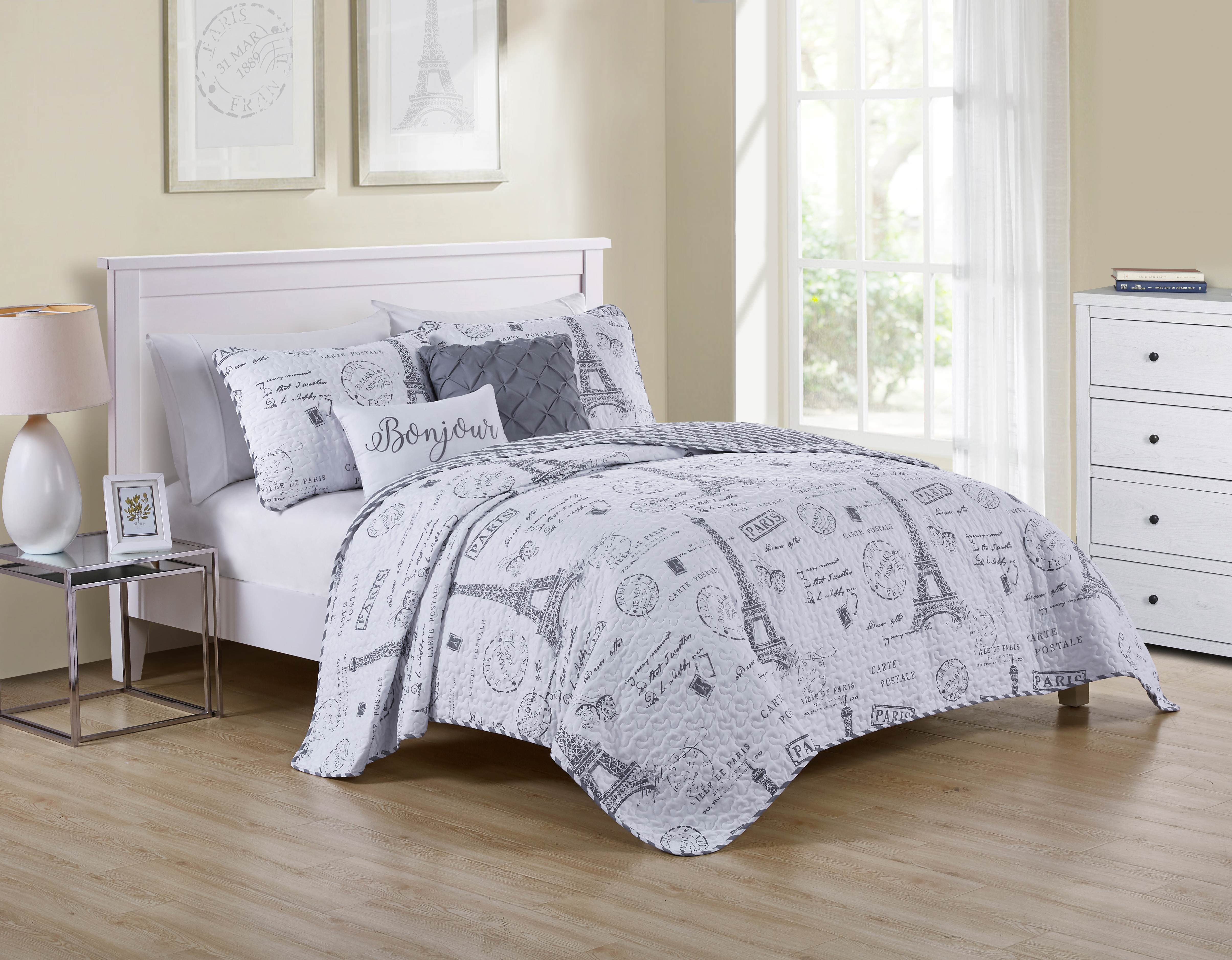 Abstract French Landmarks Print Details about   Paris Quilted Bedspread & Pillow Shams Set 