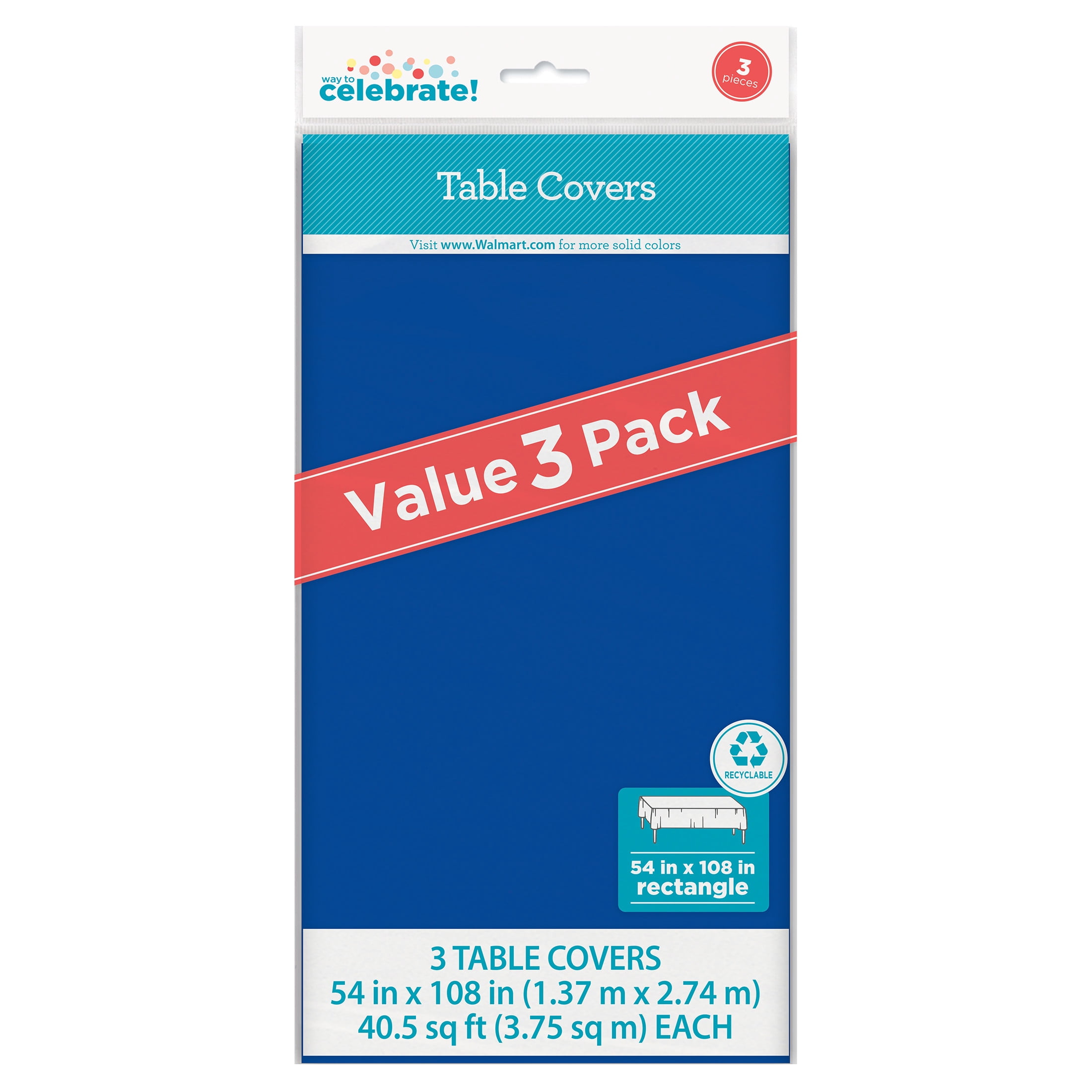 3 Count 54 IN x 108IN Blue Rectangular Plastic Table Covers by Way To Celebrate