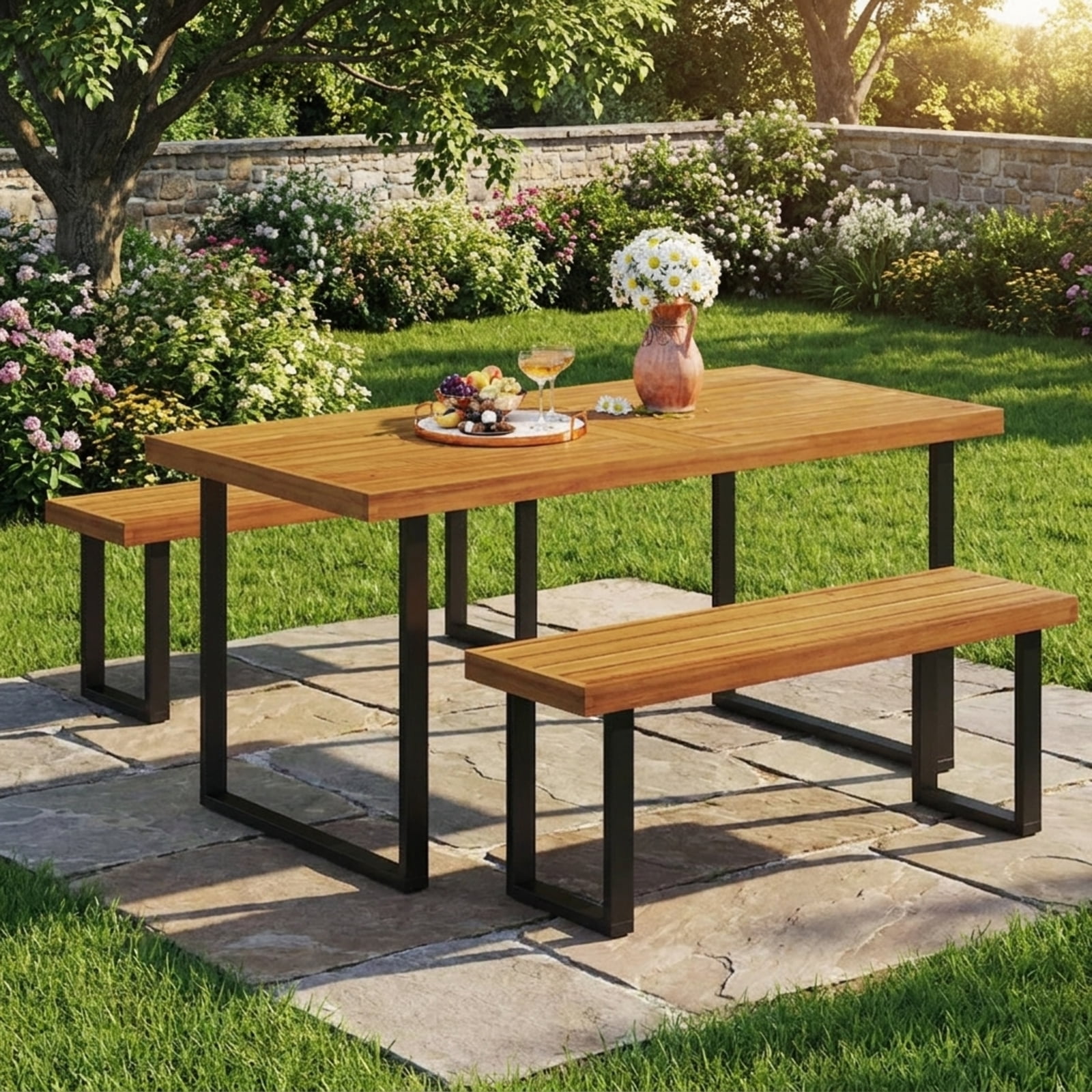 Biotree 3 Piece Patio Dining Table Set outdoor furniture set with 63 inch rectangle table and 2 backless benches for garden backyard and porch, Natural+Black