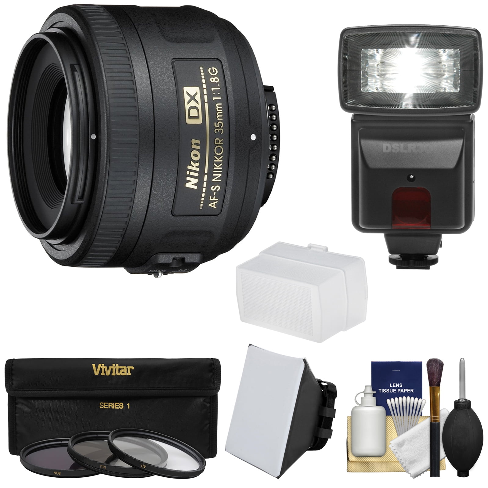 Nikon 35mm f/1.8 G DX AFS Nikkor Lens with 3 Filters + Flash & 2
