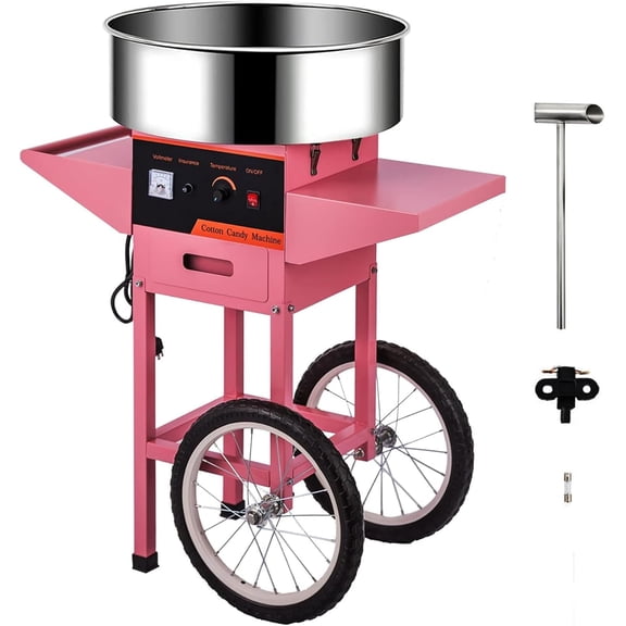 Commercial Cotton Candy Machine w/Cart and Wheels, 110V Electric Floss Maker with Stainless Steel Bowl, Sugar Scoop for Family and Various Party Pink