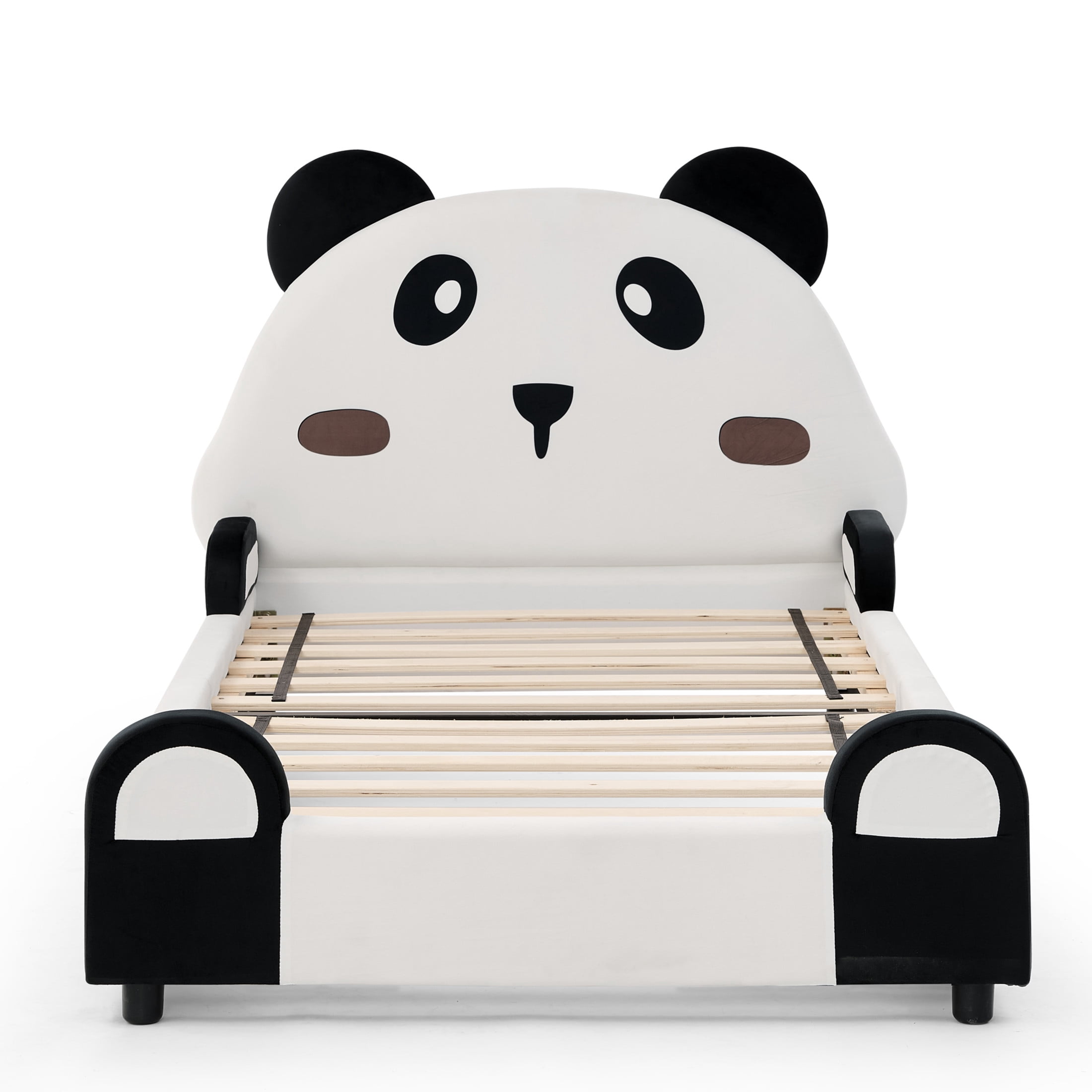 Noble House Brento Twin Size Panda Kids Bed, Whimsical Toddler Bed Frame with Soft Padded and Wooden Legs, Black & White