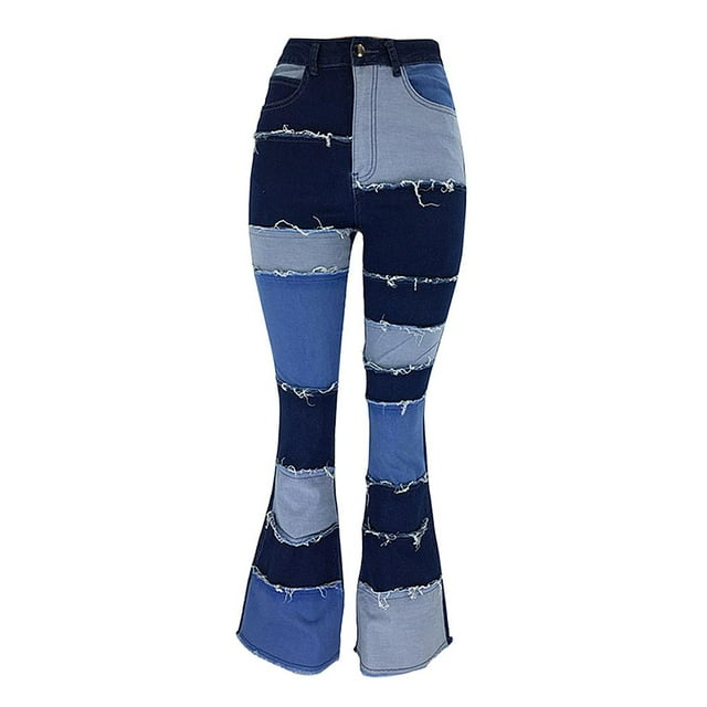 Pantalones abarrotados para mujeres de las mujeres de cinturo Jeans pierna recta estiramiento pantalones de mezclilla con bolsillos SG