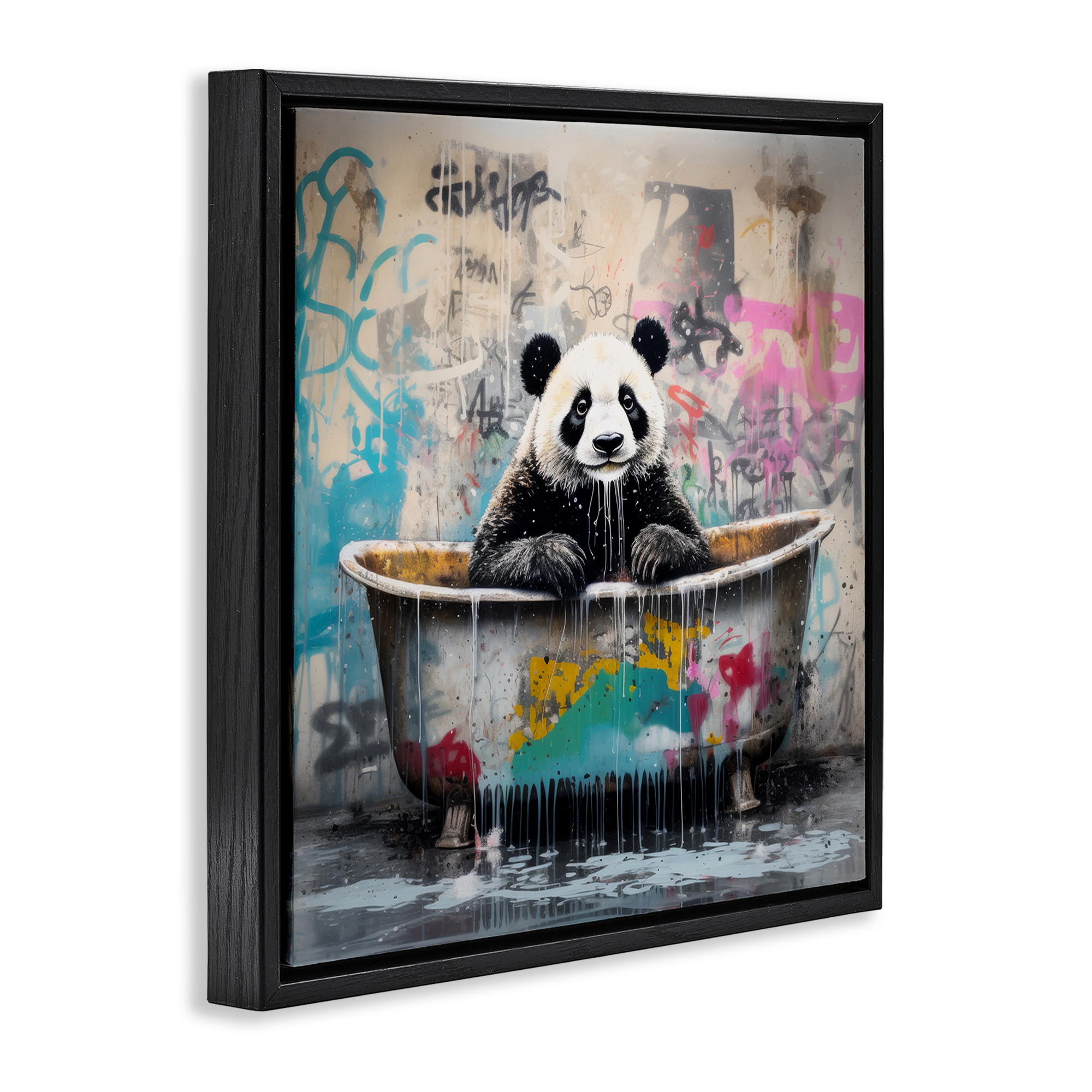 Stupell Industries Graffiti Bathing Panda Typography Painting Black Floater Framed Canvas Art Print Wall Art, 18 x 18