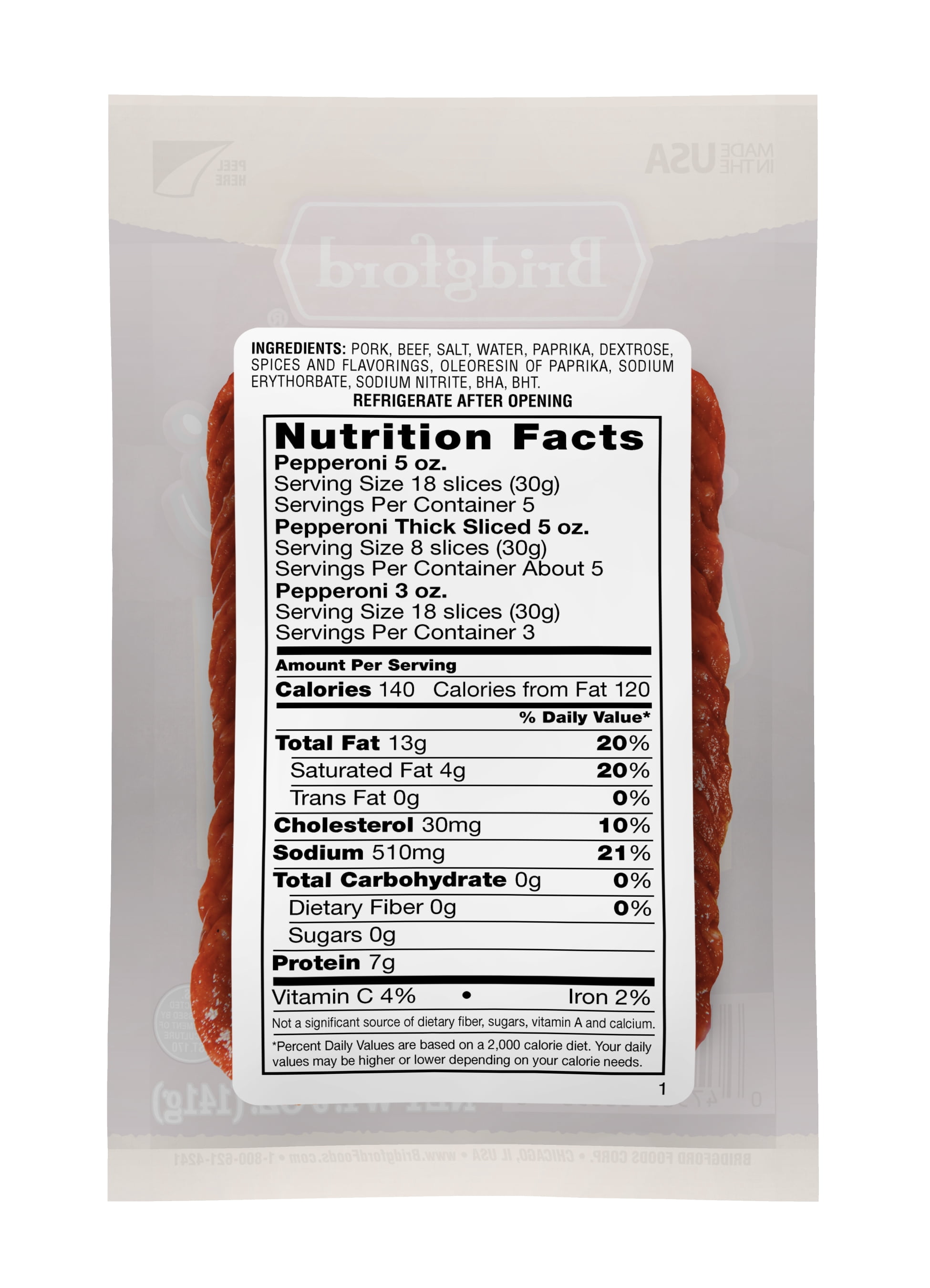 Bridgford Gluten-Free Original Pepperoni - 5oz Sliced, Resealable Bag, Fully Cooked