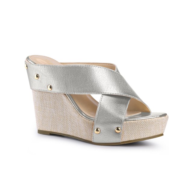 BLISSFUL STEP Chaussures pour Femmes à Plateforme Compensée à Brides Croisées Clous Tige en Tissu Sandales à Talons à Bout Ouvert Argent 7