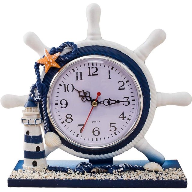 El reloj de mesa moderno mediterráneo del timón no hace tictac, pequeños relojes de pared del faro del recuerdo marino