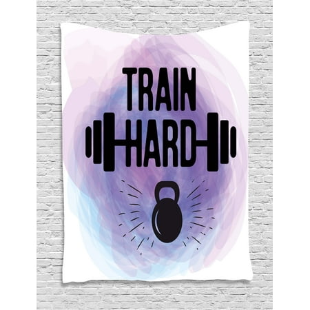 Metal Train Bell - Fitness Tapestry, Watercolors Style Train Hard Life Message Kettlebell and Barbell, Wall Hanging for Bedroom Living Room Dorm Decor, Lavender Pale Blue Black, by Ambesonne