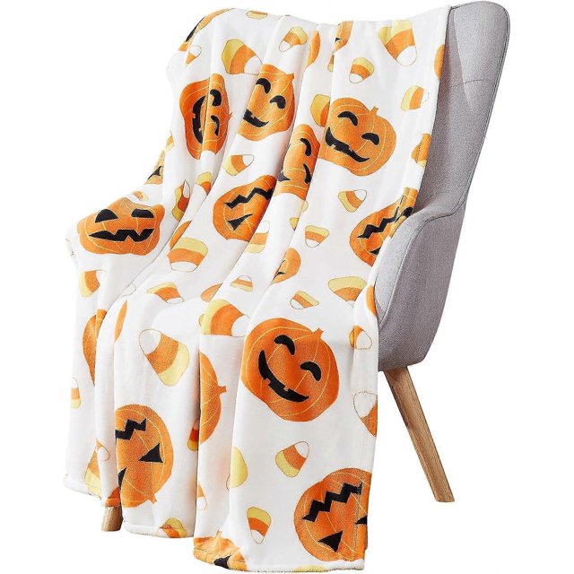 Manta de Halloween: Calabazas de Jack-O-Lantern con estampado de maíz dulce sobre suave terciopelo para sofá cama, sillón o dormitorio.