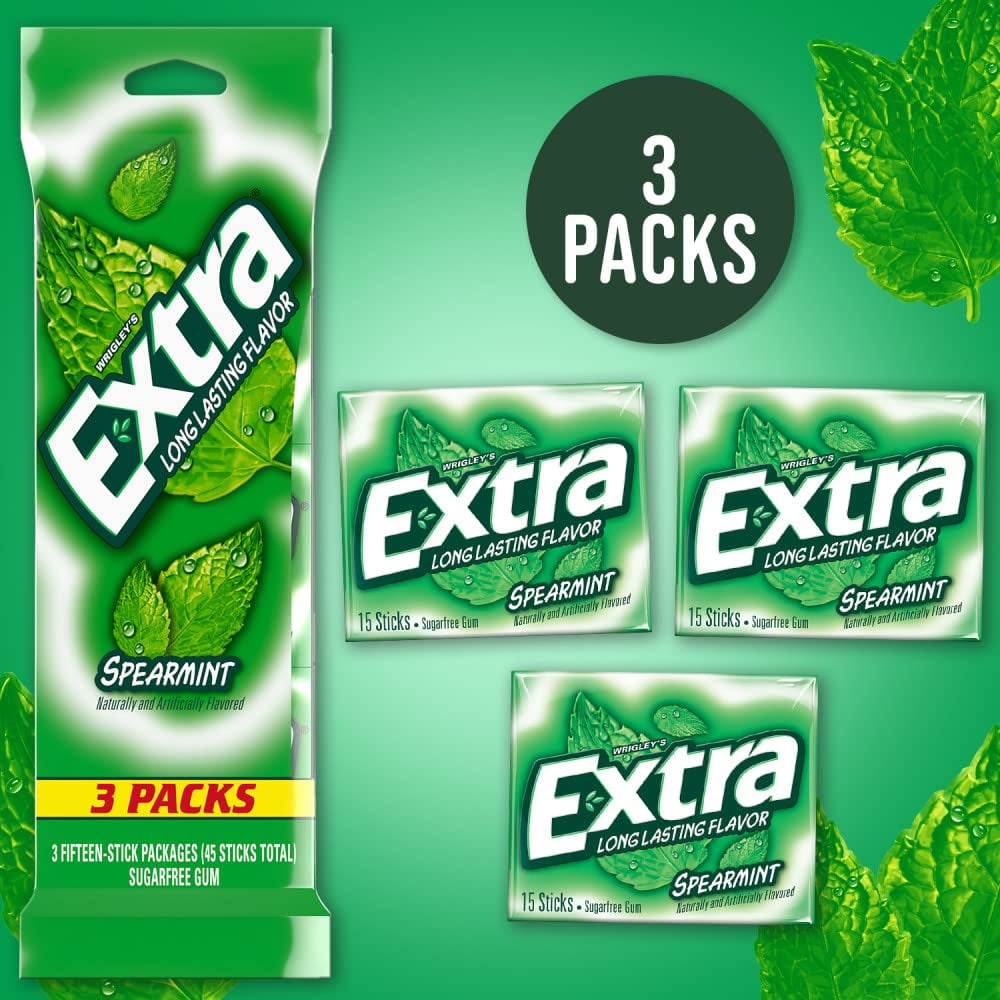 Pack of 2 - Extra Spearmint Sugar Free Chewing Gum, 3 Packs Of 15 Pieces (45 Total Pieces) Packaging May Vary