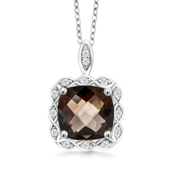 Gem Stone King 3.99 Ct Cushion Checkerboard Brown Smoky Quartz 925 Sterling Silver Pendant