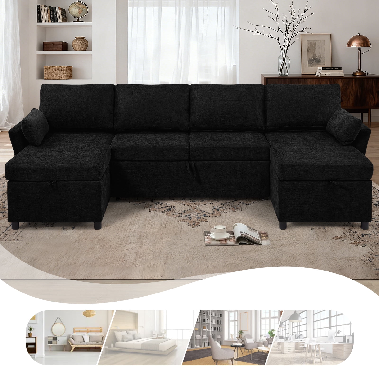 ACMEASE 107 Inches Fabric Sectional Sofa with Pull Out Sofa Bed, Modern U Shaped Sofa with Throw Pillows, Comfortable Sleeper Couch with Storage Chaise for Living Room, Black