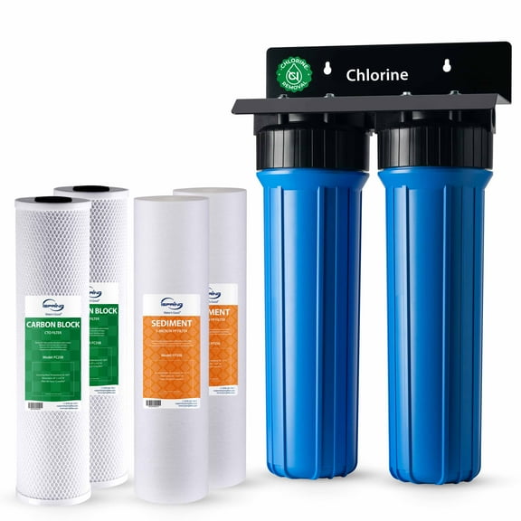 iSpring WGB22BF2 2-Stage Whole House Water Filtration System, Reduces Rust, Chlorine, Odors, and Cloudiness, w/Additional Replacement Filter Set