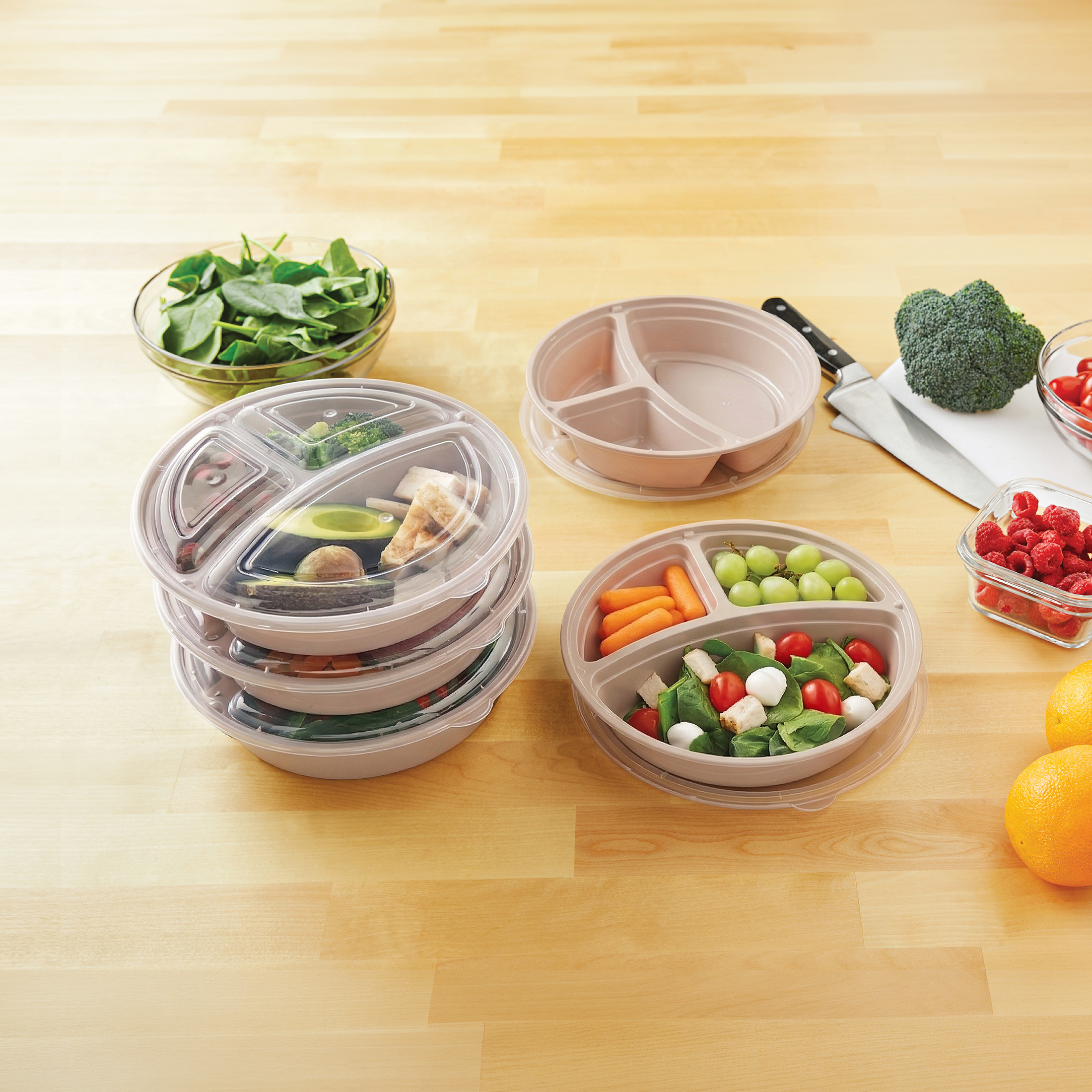 Mainstays 5-Pack 3-Compartment Round BPA-Free Plastic Meal Prep Food Storage Containers, 1L, Pink Blush