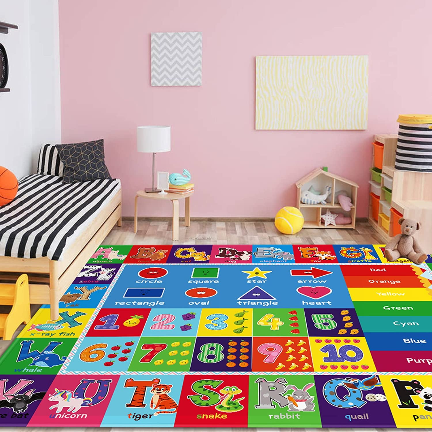 Kids Play Rug for Playroom, ABC Educational Area Rug, Toddler Baby Play Mat, Alphabet Animal Soft Non-Slip Kids Rug Carpet for Boy Girl Bedroom,L