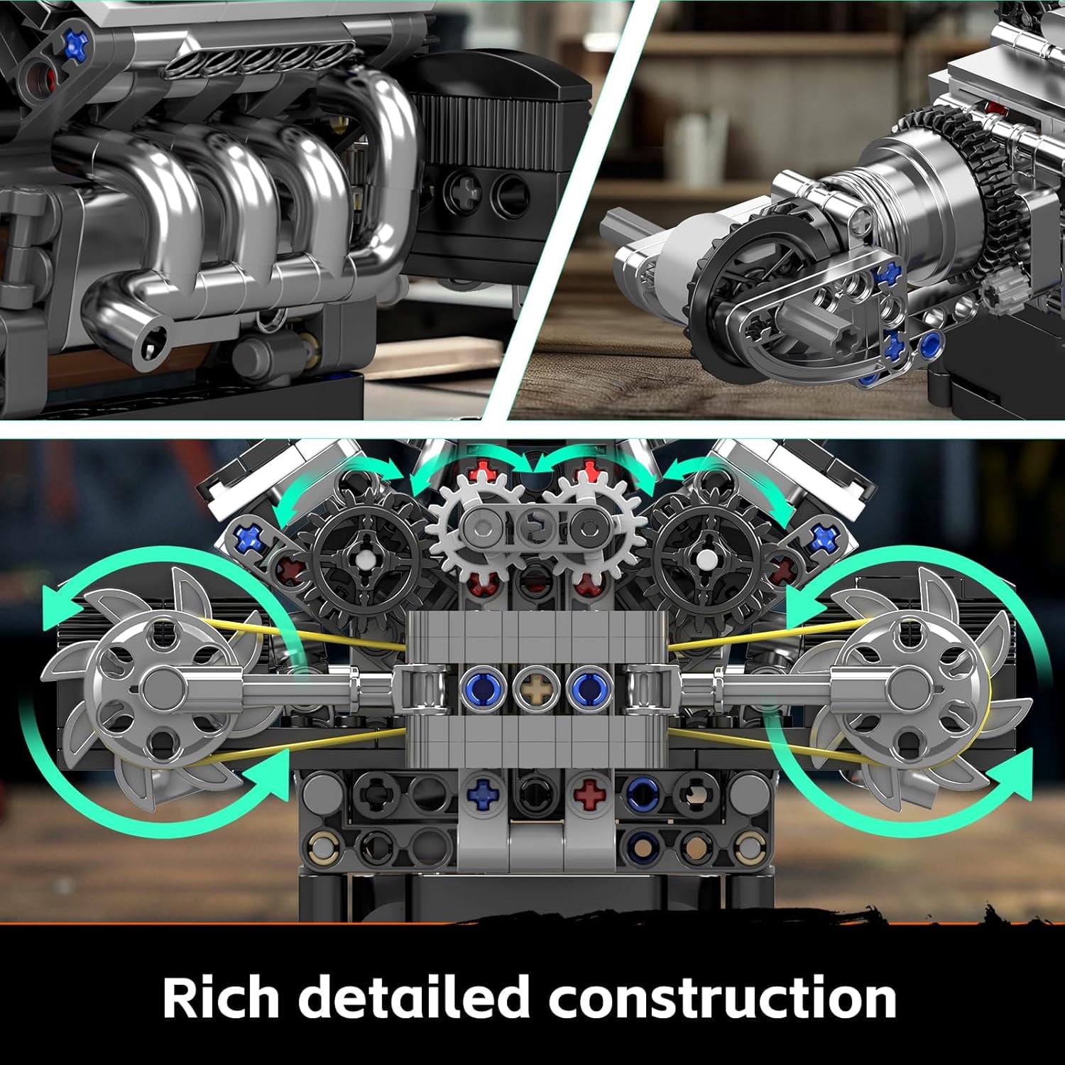 10206 V8 Combustion Engine Model Kit that Runs, Build Your Own MOC V8 Engine Model Toy, 8-Cylinder Petrol Car Engine Replica Model Building Kit (737 PCS)