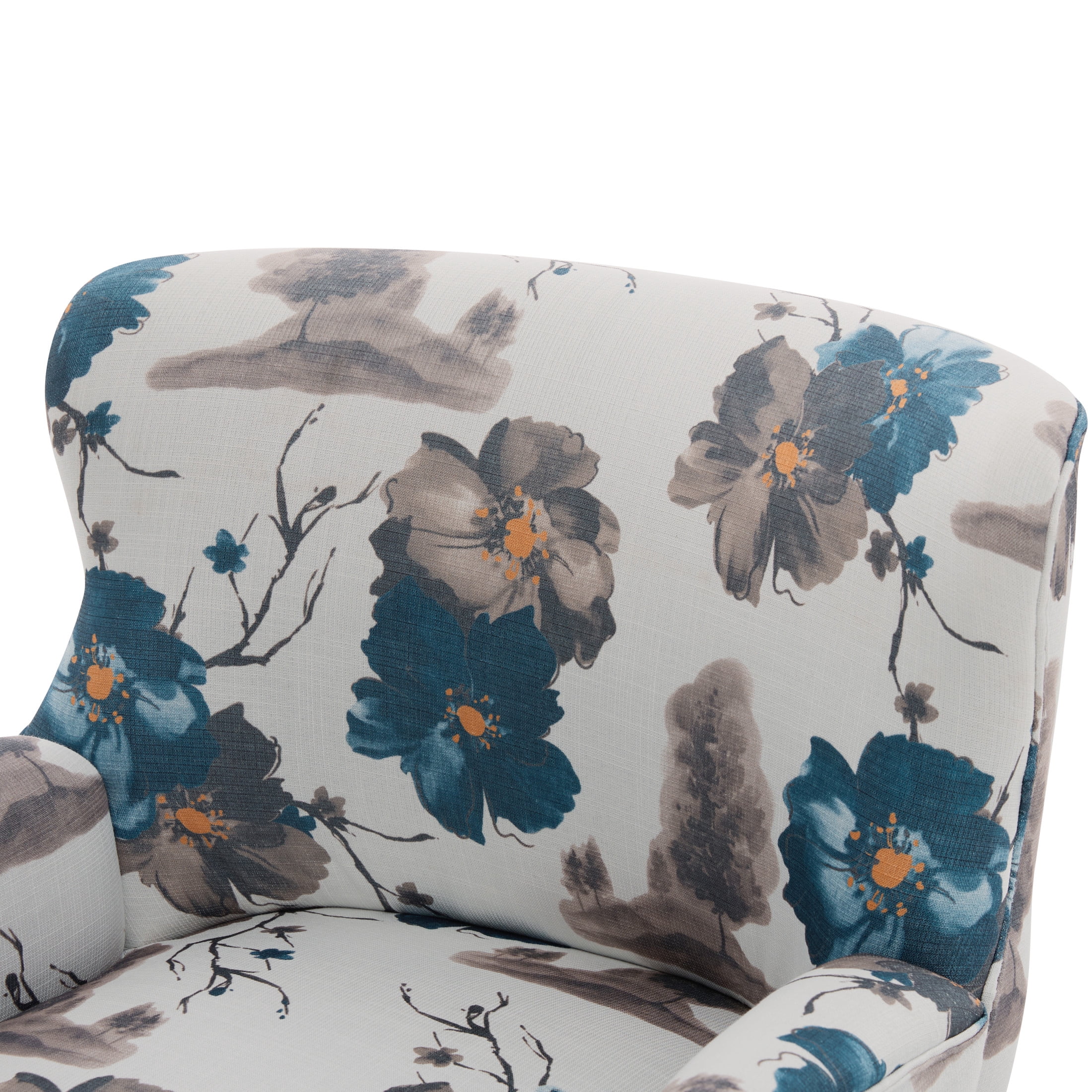 Christopher Knight Home Floral Upholstered Accent Club Chair with Round Arms, Wooden Legs, White+Blue