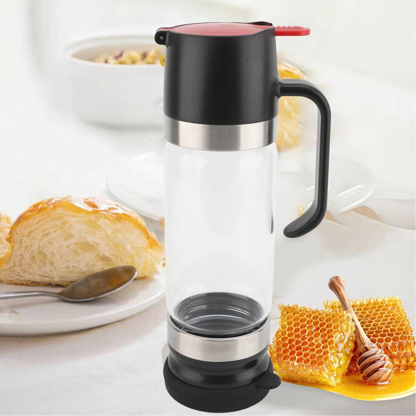 Yajisi 350ml No Drip Honey Dispenser, Clear Glass Syrup Dispenser with Handle, Black for Coffee Shops & Restaurants, 10.2x5.1x3.5in