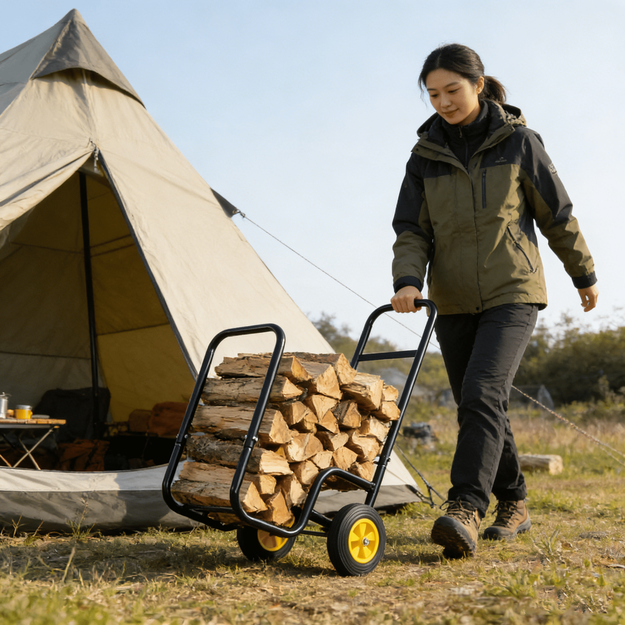 Dolly, Firewood Log Cart Carrier - Outdoor or Indoor Black Steel Wood Rack Storage Mover - Rolling Wheeled Metal Dolly Hauler - Wood Moving Equipment, Black Hand Truck,Iron Furniture Dolly