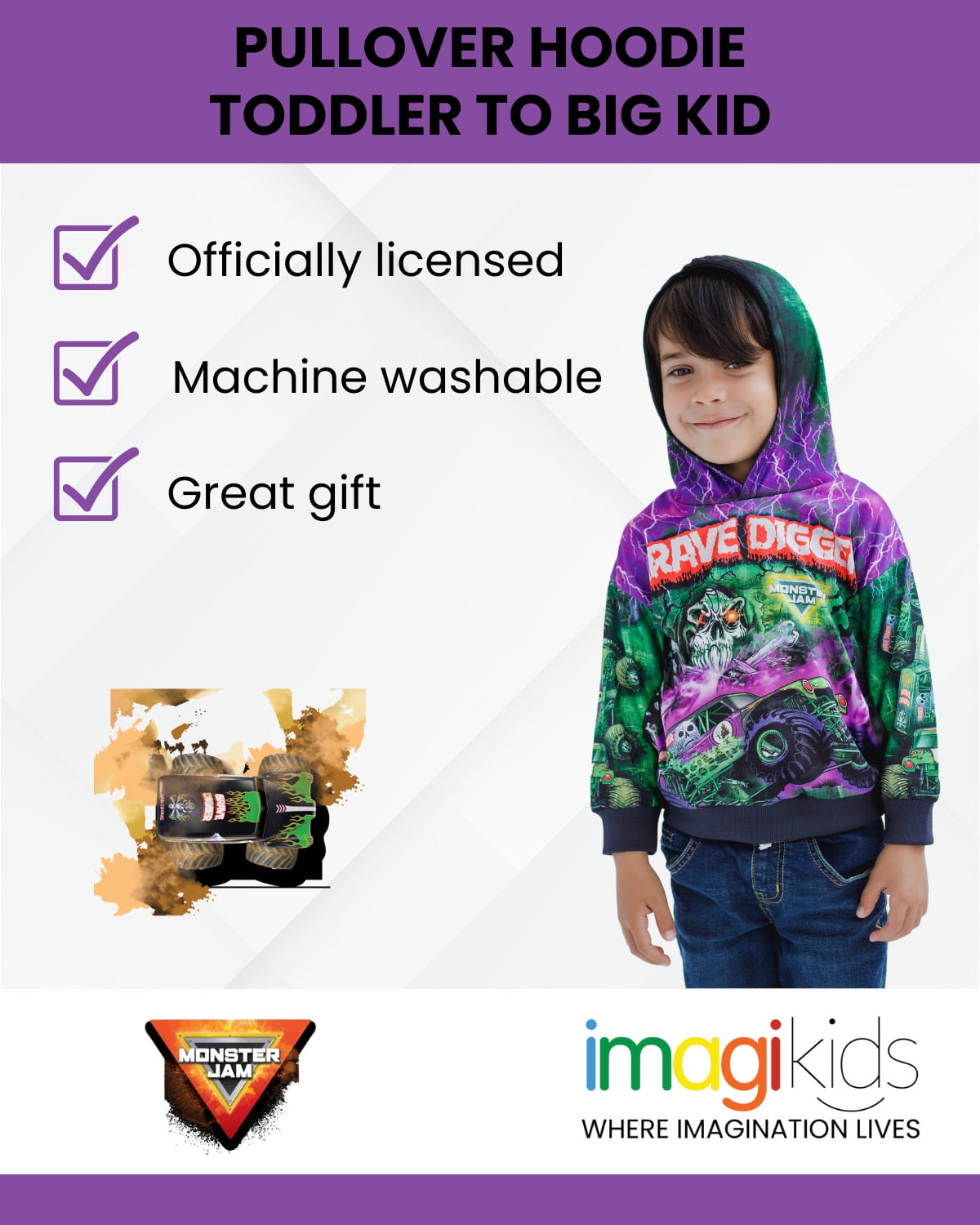 Monster Jam Brandclub Monster Jam Grave Digger Fleece Pullover Hoodie Toddler to Big Kid
