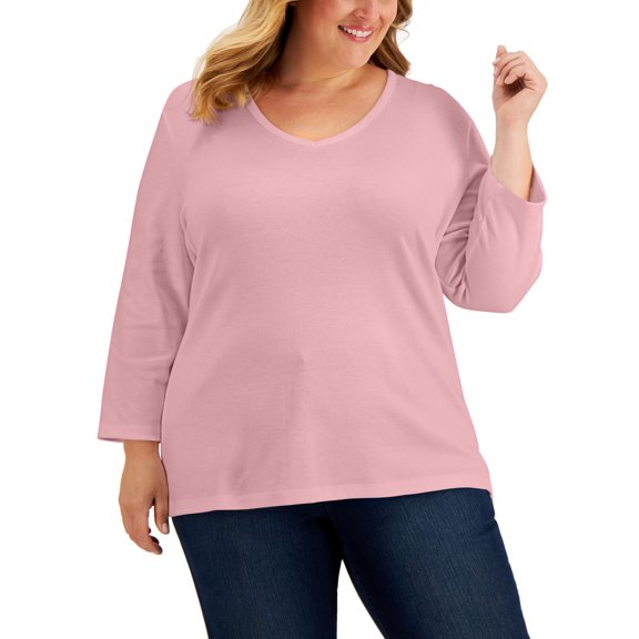 Karen Scott Plus Size 3/4 Sleeve V Neck Top Boca Blush 1X