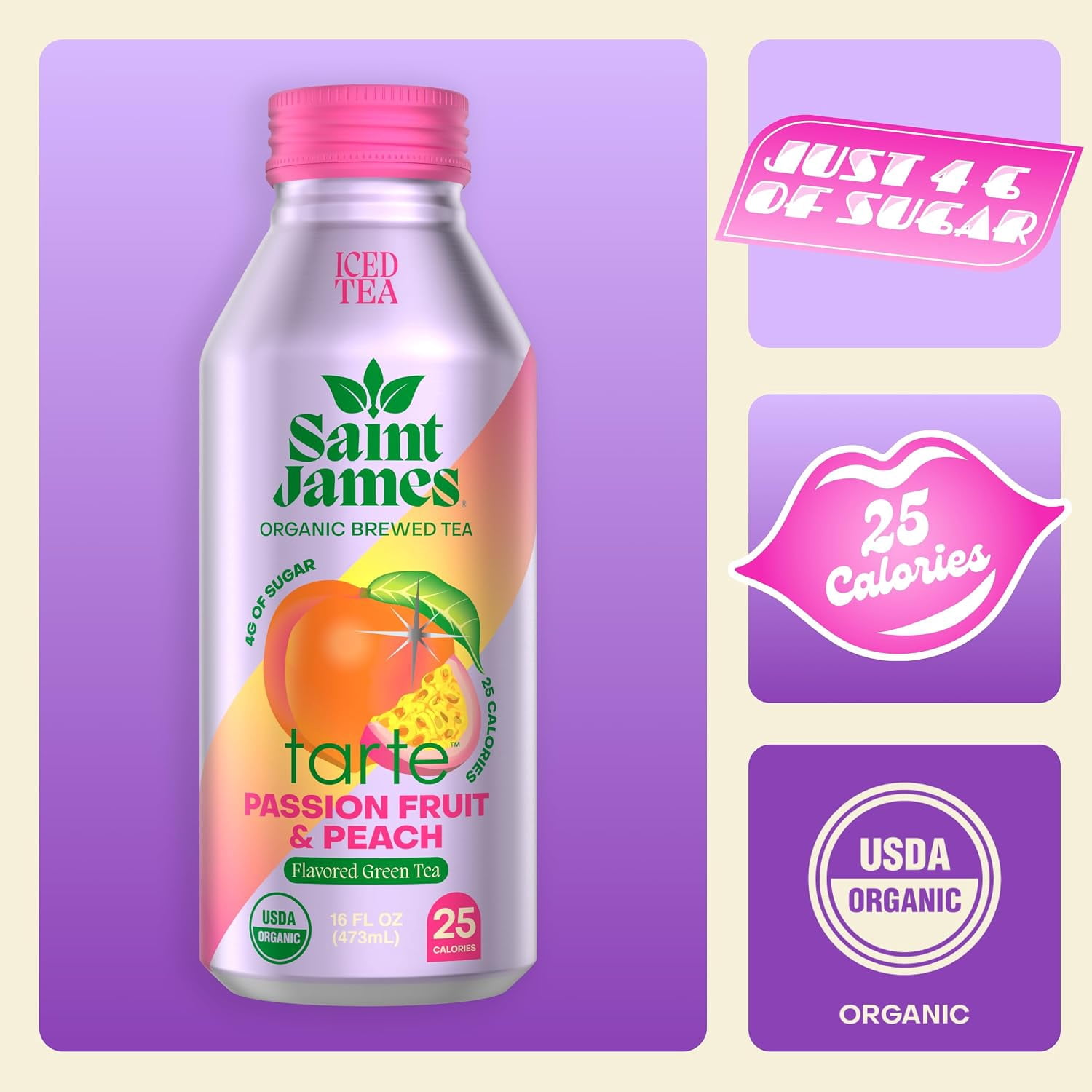 Saint James x Tarte Organic Green Iced Tea, Passion Fruit & Peach, 12pk | Limited Edition, Non GMO, Gluten Free, Low Calorie & Low Sugar, 16 fl oz each