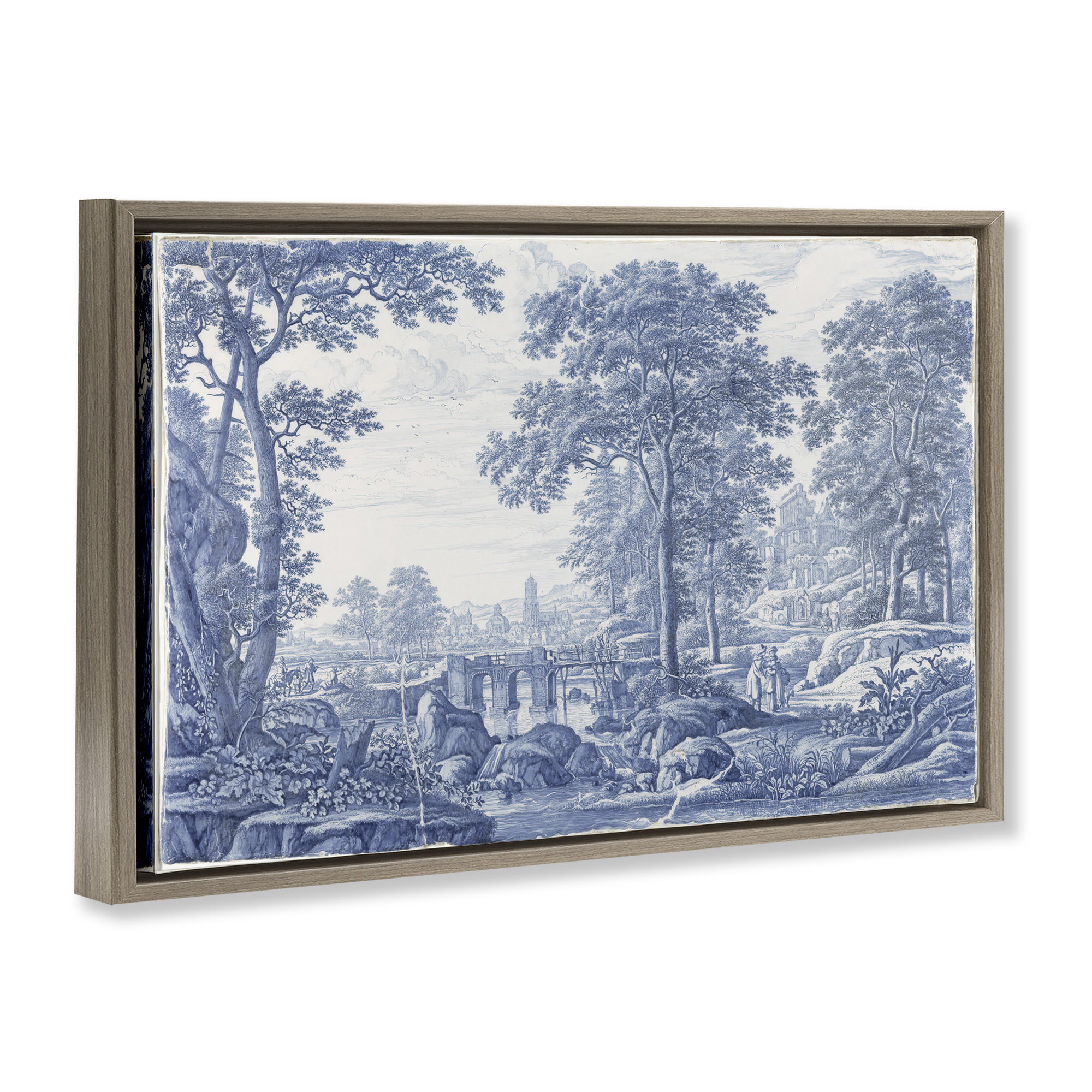 Vintage Blue Tinted Toile Brown Framed Floater Canvas Wall Art, design by Vintage Hustle
