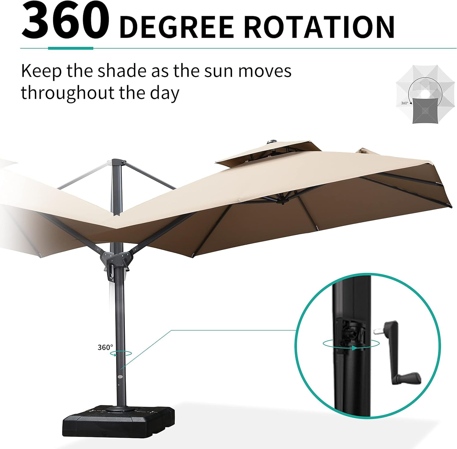 PURPLE LEAF Outdoor Cantilever Umbrellas 9' X 12' Rectangle Large Patio Umbrella Offset Umbrella with 360°Rotation Tilting And Hanging Double Top, Taupe