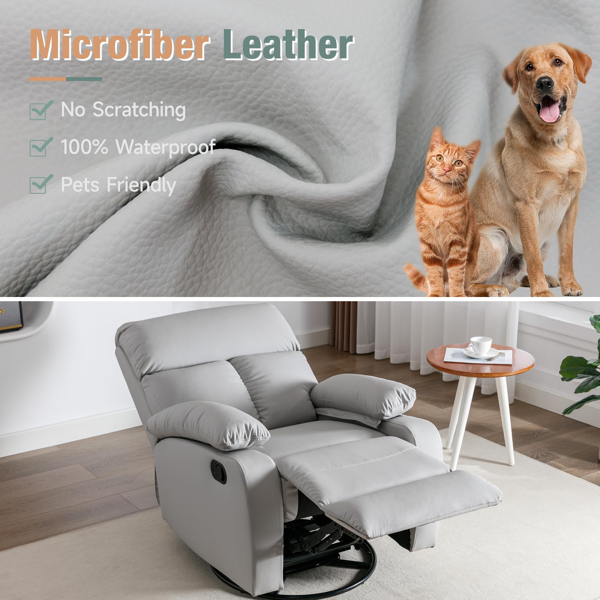 2 Pcs Gray Ergonomic Swivel Recliner Chair for Living Room, Manual Rocking Recliner with 360° Rotation, Soft Fabric Lounge Chair for Reading, Movie Nights and Relaxing