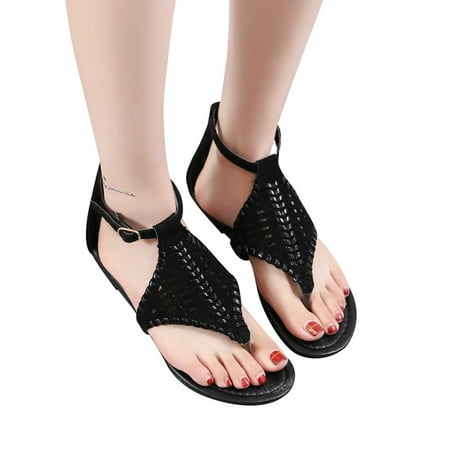 

Aayomet Women Sandals Hollow Vintage Breathable Sandals Woven Slippers Women Flat Strap Buckle Women s sandals Black 8.5