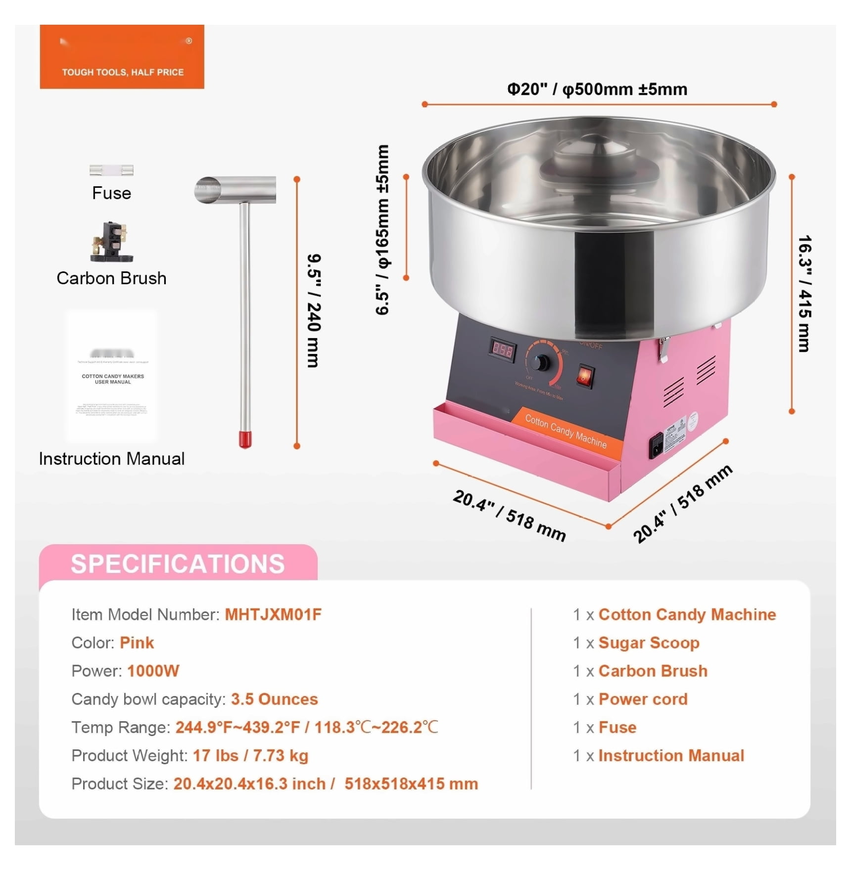 Electric Cotton Candy Machine, 1000W Candy Floss Maker, Commercial Cotton Candy Machine, Pink, for Home Parties
