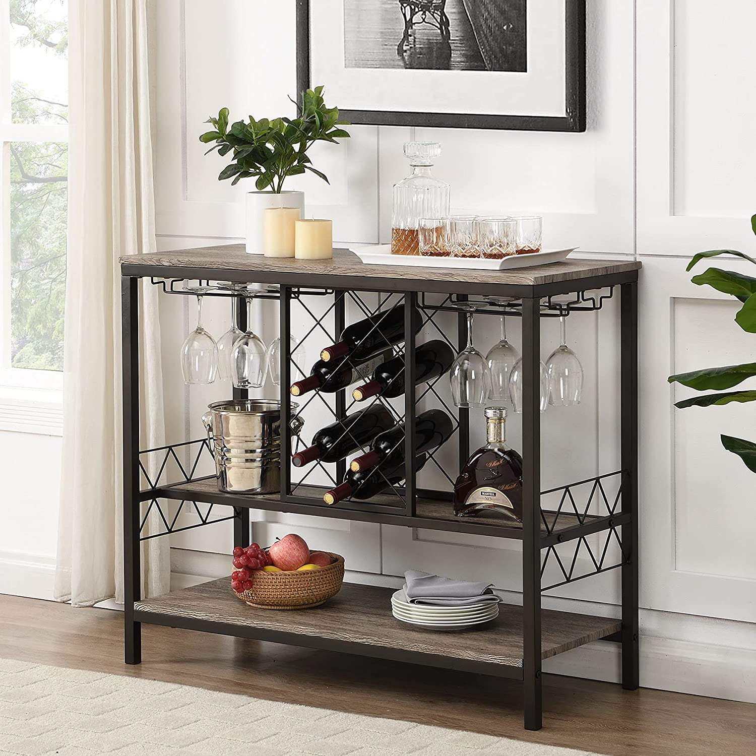 Industrial Wine Rack Table for Liquor and Glasses, Rustic Coffee Bar
