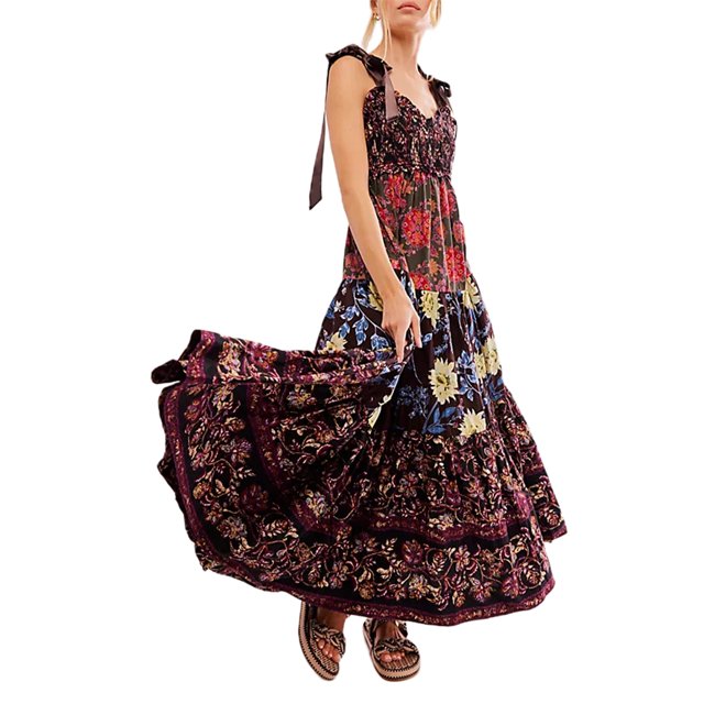 Mialoley Femmes Cami Robe Florale Imprimé Tie-Up Bretelles Robe Sans Manches Robe Longue Été Grande Swing A-line Robe