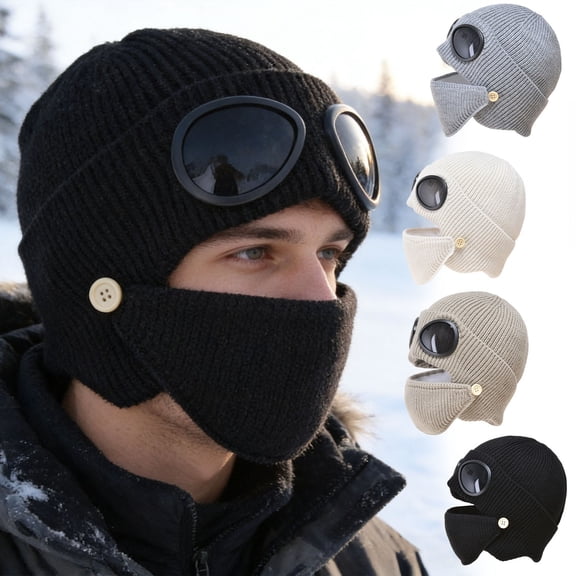 Unisex Winter Ski Beanie Hat with Goggles-Outdoor Knit Beanie Hat with Detachable Mask