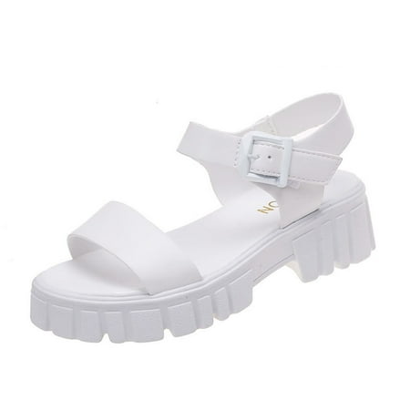 

Mortilo Fashion Summer Women Sandals Thick Sole Buckle Strap Open Toe Casual Style PU sandals for Women White