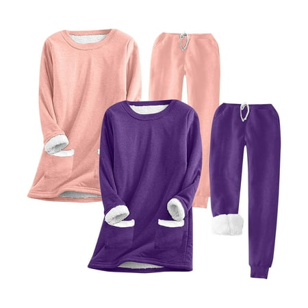 qolati 2 Pack Women Warm Pajama Set Fleece Lined Long Sleeve Crewneck Sweatshirt Pullover Thicken High Waist Jogger Pants Loungewear Fall Winter Outfits Purple XXL 12