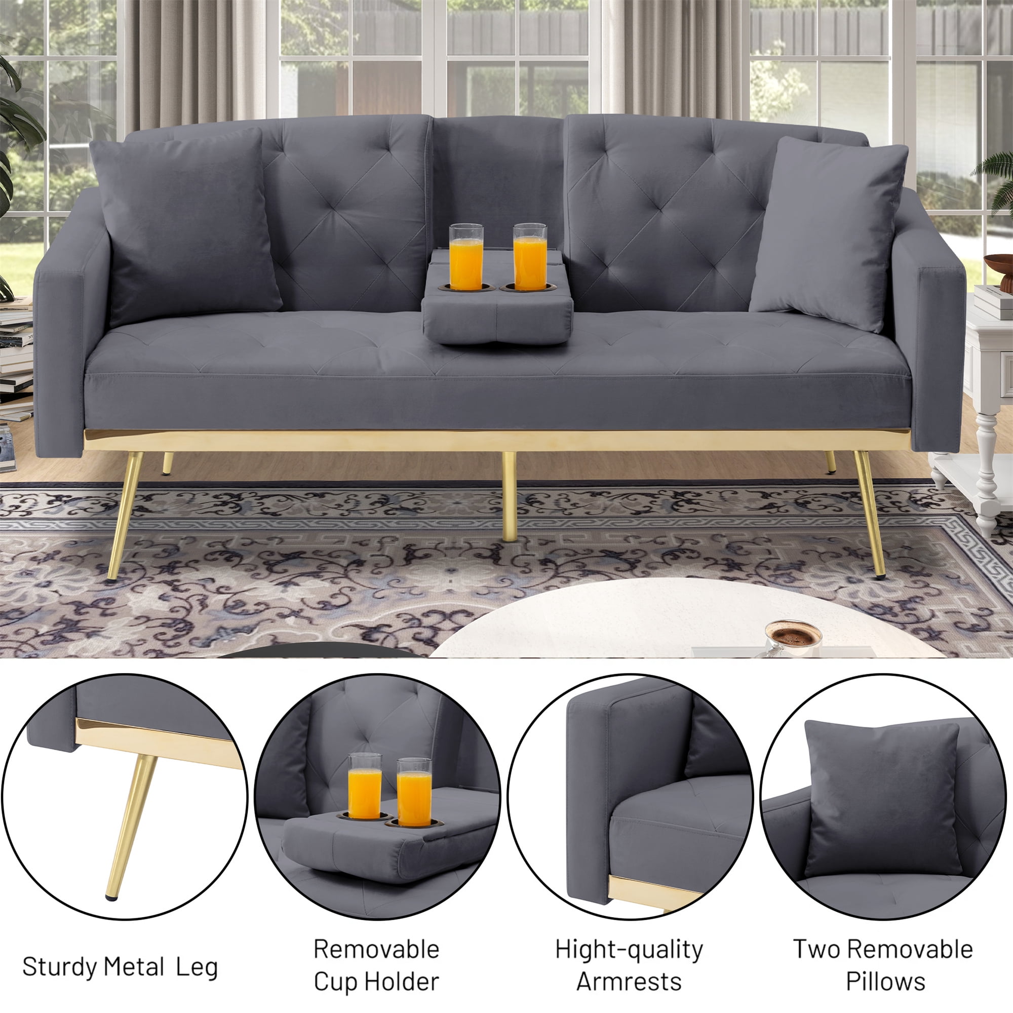 Aukfa Velvet Futon Convertible Sofa Bed for Home Office, 2 Pillows& Cup Holders, Tufted Futon, Gray