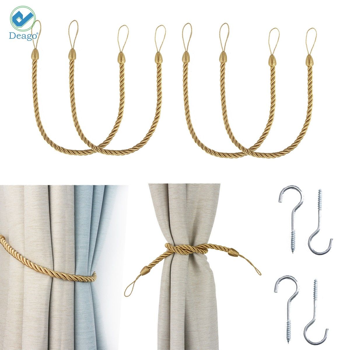 Deago 2 Pairs Curtain Ropes Tiebacks Decorative Handmade Tie Backs Curtain Holdbacks Holders Cord with 4 Metal Screw Hooks for Window Sheer Drapes